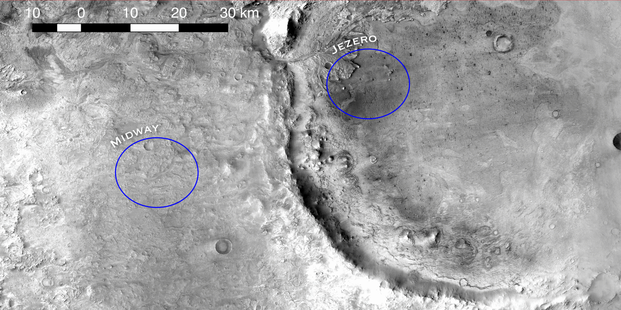 **Crater map relevant for the Mars 2020 rover mission.** The blue ellipses are two candidate landing zones for the upcoming Mars 2020 rover launch and green boxes represent detected craters. The Jezero landing site (right ellipse in this animation) [was chosen in November 2018](https://www.nasa.gov/press-release/nasa-announces-landing-site-for-mars-2020-rover/) after a thorough selection process.