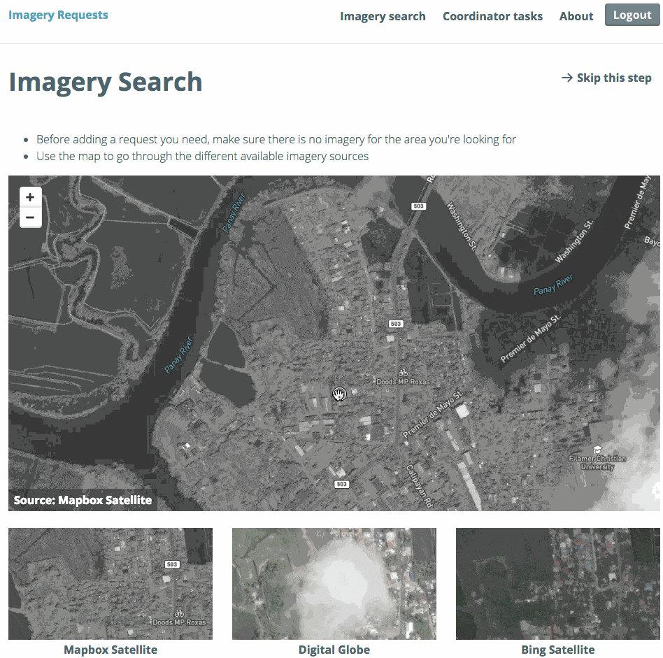 Humanitarian responders, satellite companies, and drone operators can search for imagery to meet their needs