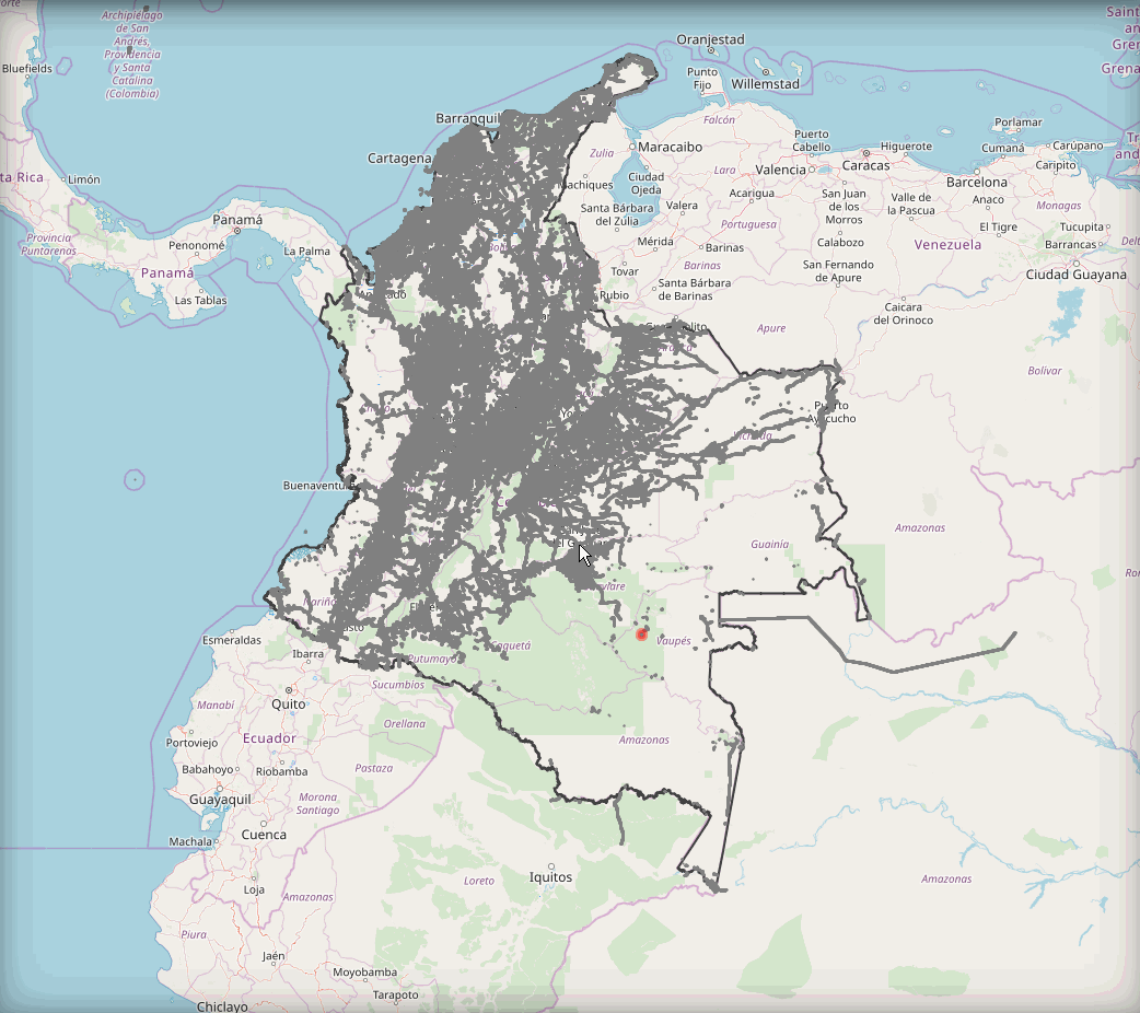 Tiles containing roads and buildings in OpenStreetMap data (at zoom 16) in Colombia.