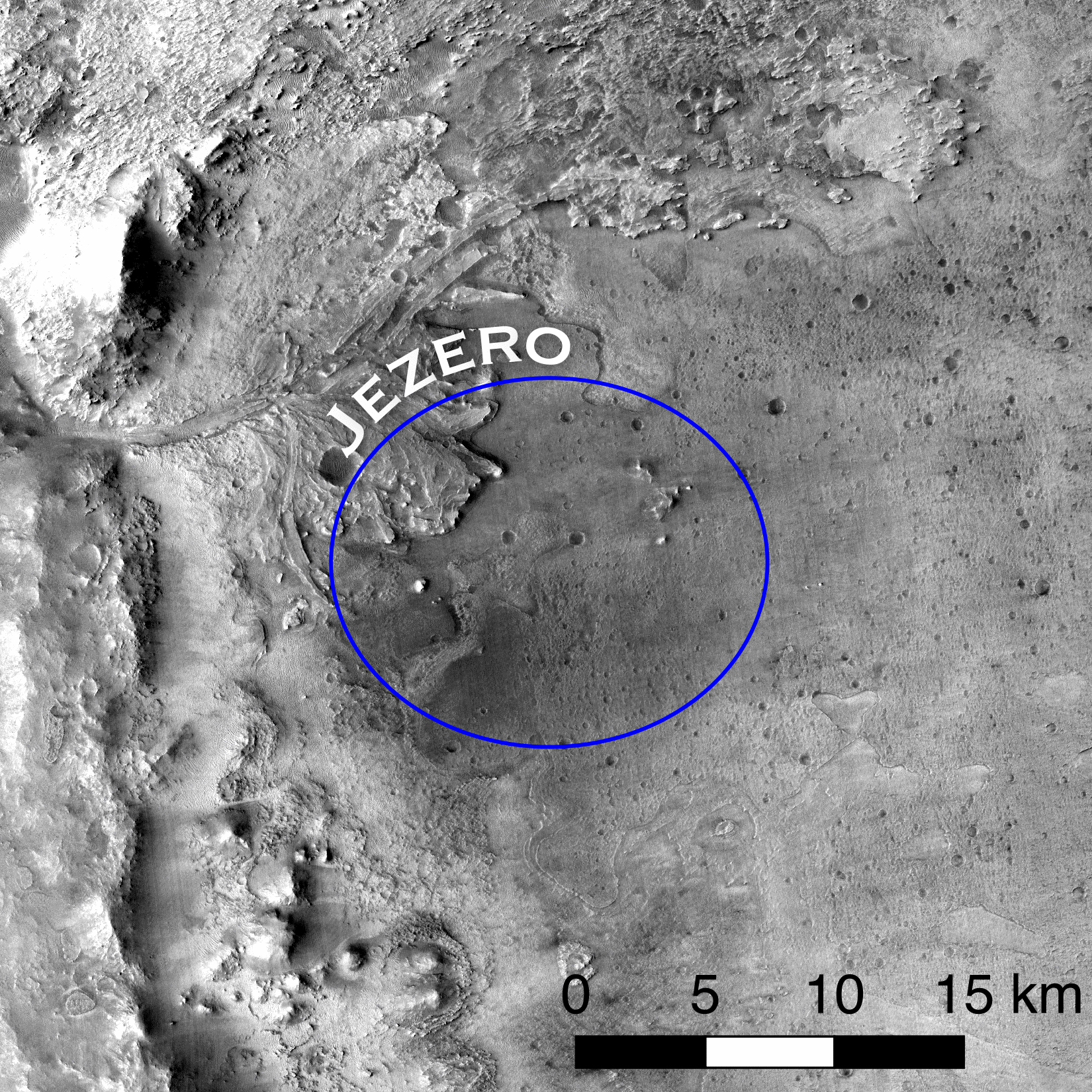 **Craters mapped near the Jezero landing site within Jezero Crater.** Evidence of a long dried up river delta lies just Northwest of the Jezero landing ellipse. The Mars 2020 rover will take soil samples in this area and search for signs of past microbial life.