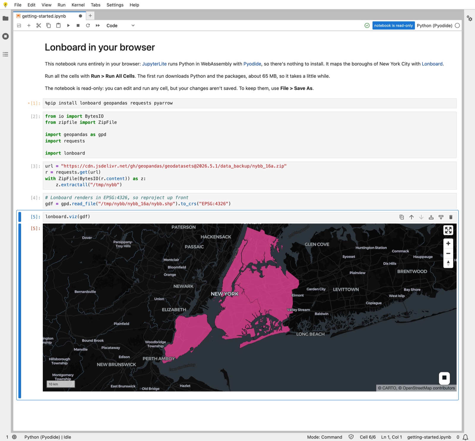 Lonboard mapping the boroughs of New York City in JupyterLite