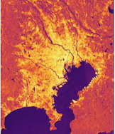 In this SAR image, Tokyo stands out, bright yellow against the less populated background. The densly populated downtown area is the brightest.