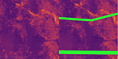 The power lines aren't visible in the SAR image because there is so much noise from the surrounding moutnains.