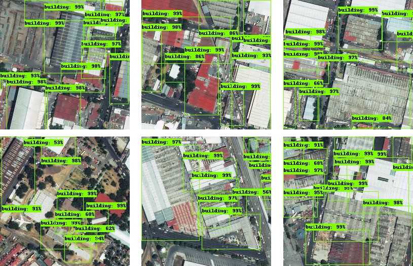 Building detection with the model prediction confidence score over Mapbox satellite image tiles.
