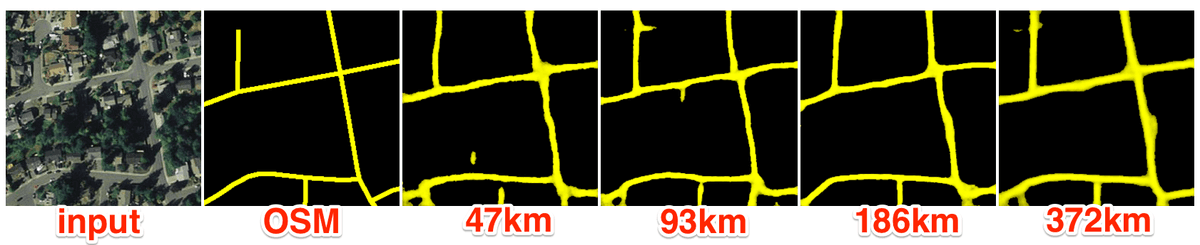 left-to-right: input image, © Mapbox Satellite; OpenStreetMap data; columns 3–6: our model predictions with varying amounts of input data