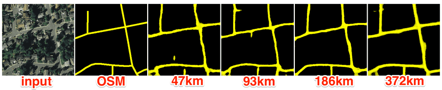 left-to-right: input image, © [Mapbox Satellite](https://www.mapbox.com/); [OpenStreetMap](https://www.openstreetmap.org/) data; columns 3–6: our model predictions with varying amounts of input data