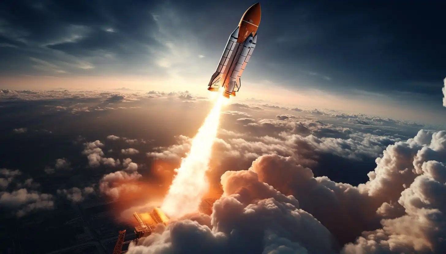 AI-generated image from Midjourney v5.2 using prompt 'Rocket launching straight through the clouds of the Earth's atmosphere at a 45 degree angle with orange flames from its booster --aspect 7:4' with seed 1342788268
