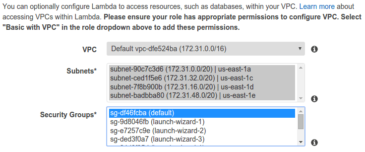 Assign a VPC, subnets, and at least one security group to the lambda function