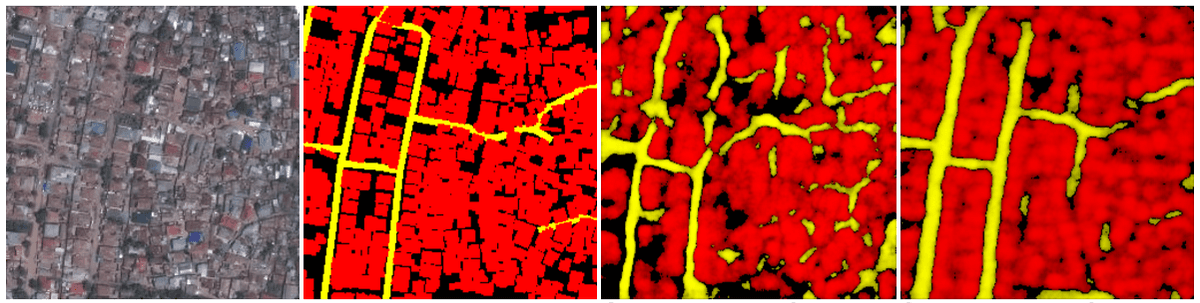 left-to-right: input image, © Mapbox Satellite; OpenStreetMap data; our updated model with less input data; our first attempt