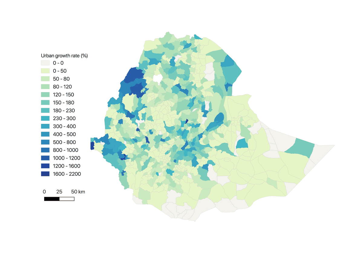 Figure 2. Urban growth rate (%) at the woreda-level in Ethiopia. Urban growth rate measures the urban trends and dynamics in Ethiopia from 2000 to 2017. The rate was obtained through (urban settlement 2017-urban settlement 2000) / urban settlement 2000 * 100. For more details, please go to *our project report.*