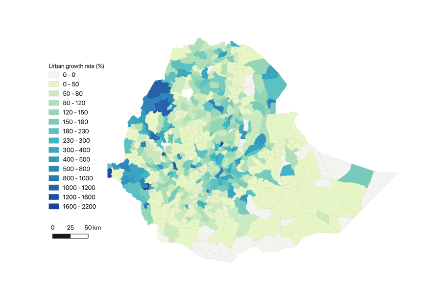 *Figure 2. Urban growth rate (%) at the woreda-level in Ethiopia. Urban growth rate measures the urban trends and dynamics in Ethiopia from 2000 to 2017. The rate was obtained through (urban settlement 2017-urban settlement 2000) / urban settlement 2000 * 100. For more details, please go to[ *our project report](http://devseed.com/ethiopia-docs/)*.*