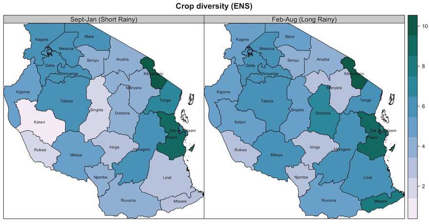 Effective number of crop species (ENS) in Tanzania, 2014/15 growing season ([Data](http://nbs.go.tz/nbstz/index.php/english/statistics-by-subject/agriculture-statistics/803-2014-15-annual-agricultural-sample-survey-crops-and-livestock-report).) ENS is a diversity metric that can be interpreted as follows: a value of **X** is the equivalent of **X** species occupying the same area.