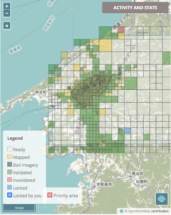 The Tasking Manager tool helps groups of mappers work together without accidentally repeating or undoing each other’s efforts. It also helps mappers visualize the status of squares by assigning different colors depending on if a square is ready, mapped, validated, etc. This example is from Project 4888 to map infrastructure in Japan after flooding and landslides in July 2018.