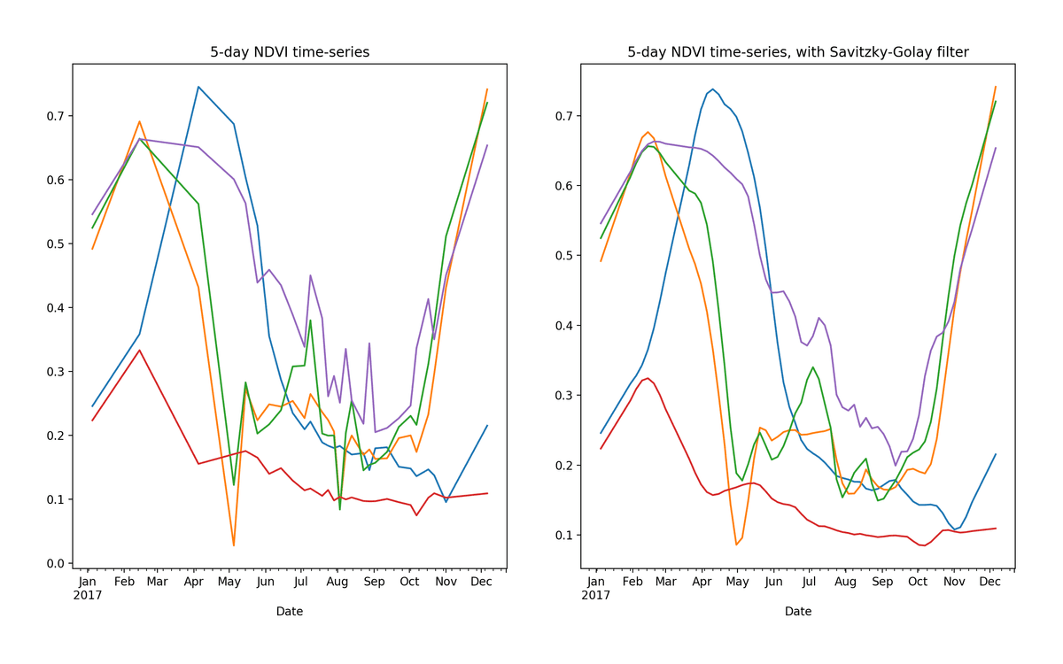 Raw (left) and smoothed (right) 5-day NDVI time-series extracted from 5 random pixels in cropped area of Rukwa Region, Tanzania.