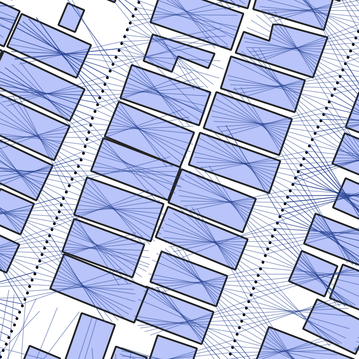 Figure 3. Mapping street view feature detections (dark lines) from image capture locations (black dots) while the car was driving past buildings (blue polygons). We assign detected features to buildings by finding the line/polygon intersection closest to the car position. The overhead building footprint map is derived from drone imagery.