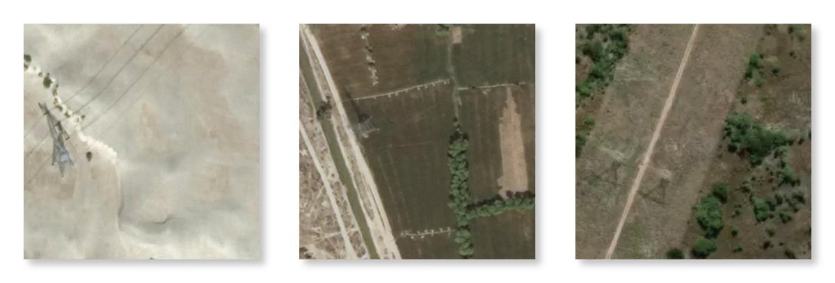 Examples of images the model correctly identifies (i.e., true positives). Left: desert region from Pakistan; middle: agricultural region in Pakistan; right: scrubland in Nigeria. Note that the same predictive model is used across all three countries processed in this work.