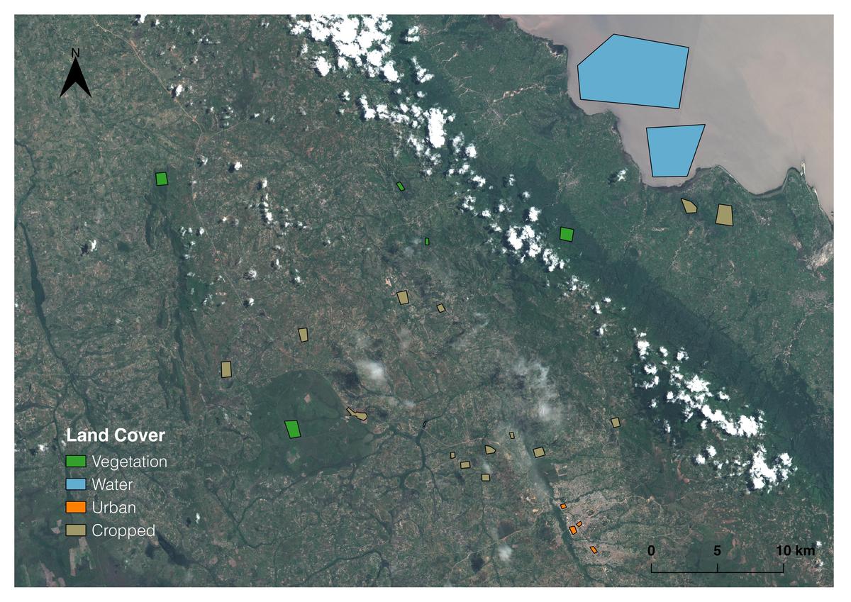 Sentinel-2 image near Sumbawanga, Rukwa, Tanzania. Polygons were created manually in GQIS and used to generate “ground-truth” data for clustering and classification.