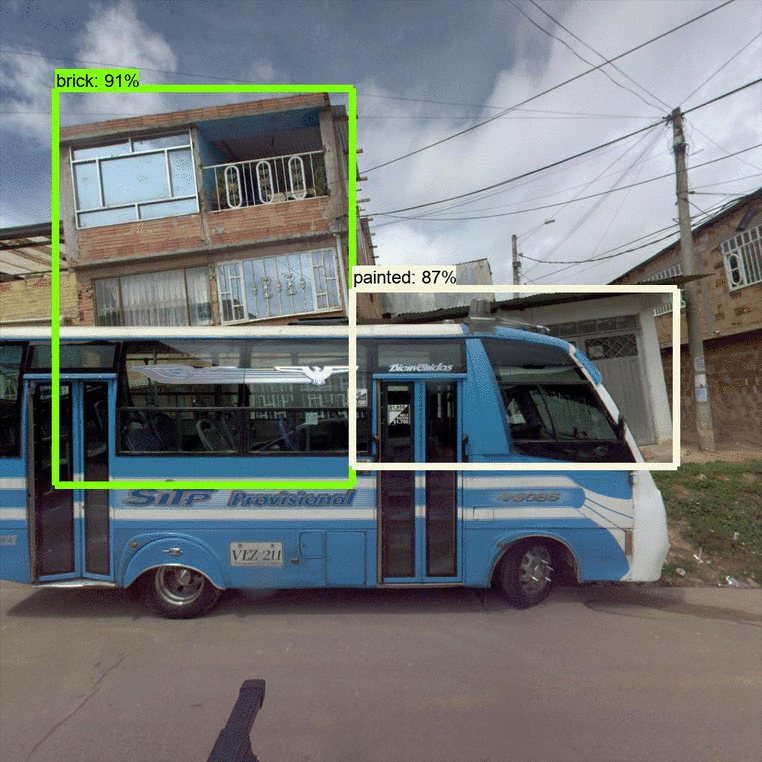 Figure 1. Detecting building properties in street view imagery. Sample detections for building completeness (left), design (middle), and construction material (right). Notice that the models work reasonably well even with obstructions (like this bus).