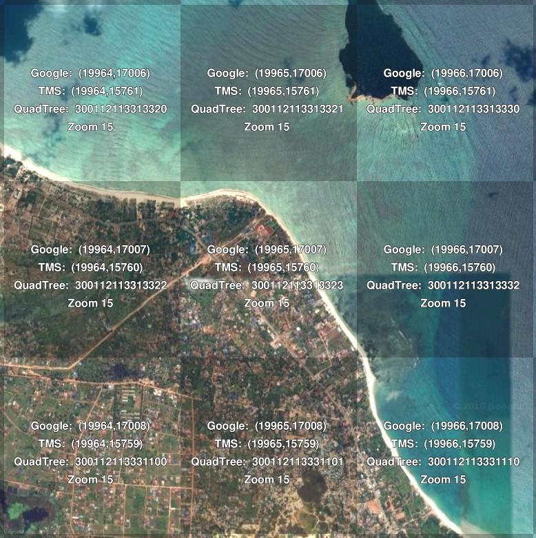 Example satellite imagery tile indices over Dar es Salaam. Standard tiling schemes include Google, TMS (Tile Map Service), and QuadTree. Image from Maptiler.