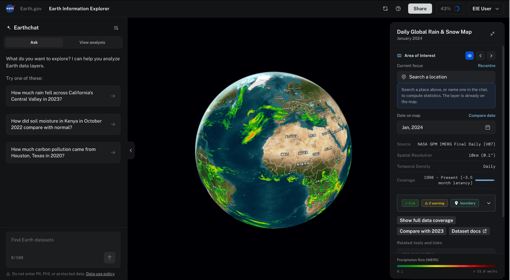 Screenshot of NASA's Earth Information Explorer. On the left, the Earthchat panel offers example questions about rainfall, soil moisture, and carbon pollution. In the center, a globe shows the Daily Global Rain and Snow Map for January 2024. On the right, a panel lists the dataset's source, spatial resolution, temporal density, and coverage.