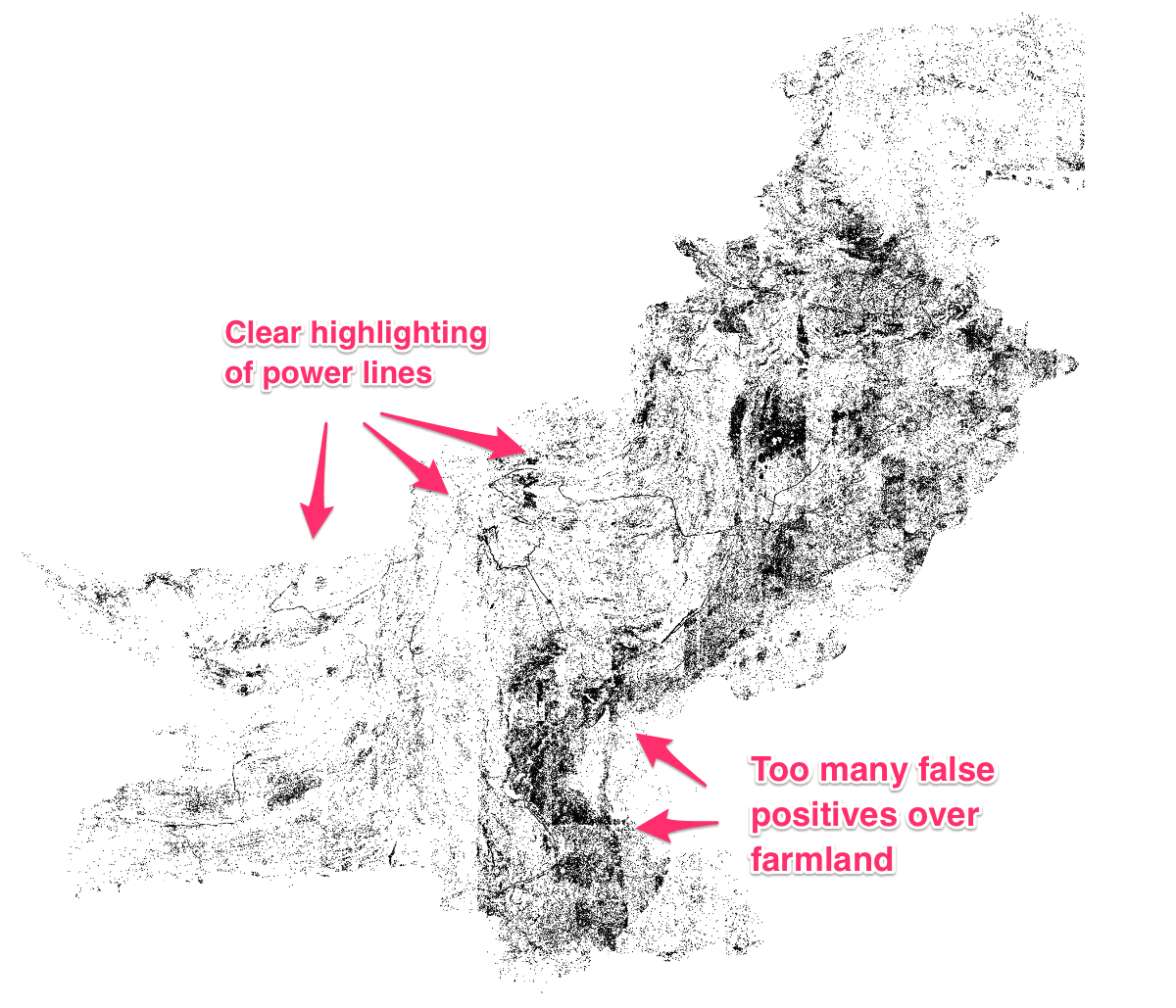 Black dots correspond to locations where the model predicts a high voltage tower was present. In the mountainous desert region of Pakistan, the model performed relatively well. In the Eastern agricultural region, the model predicted many more false positives as we did not obtain any training data from this region.