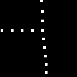 Figure 5. Components of our RL simulation environment. Left: Example overhead satellite image from the SpaceNet dataset. Middle: Example image displaying a binary road map used to generate the results shown in this post. Right: Example score map consisting of white reward dots. If the model lays a road segment that overlaps one or more of these dots, it receives a positive reward.