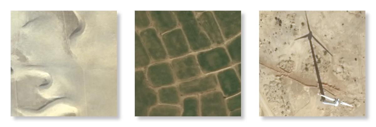 Examples of images the model incorrectly identifies (i.e., false positives). Left: desert region with sand dunes and wispy shadows; middle: agricultural region in Pakistan with many short line segments; right: wind turbine. We found that the model made more errors on terrain and features that were under-represented in our training data.