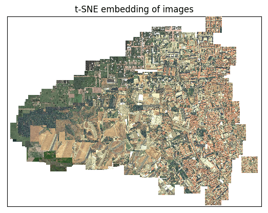 Satellite images shown in a 2-dimensional space based on feature similarity (dimensions reduced with tSNE). Created with [artificio](https://github.com/ankonzoid/artificio)