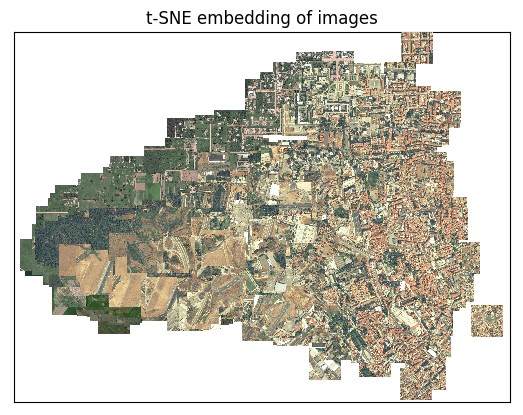 Satellite images shown in a 2-dimensional space based on feature similarity (dimensions reduced with tSNE). Created with artificio