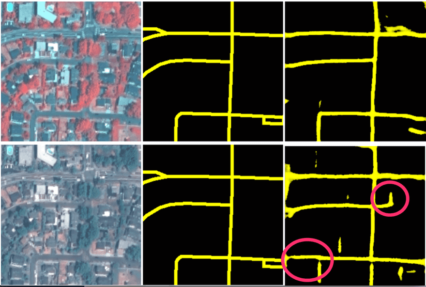 left column: input images (infrared, true color), © [DigitalGlobe](https://www.digitalglobe.com/); middle: [OpenStreetMap](https://www.openstreetmap.org/) data; right: our model prediction