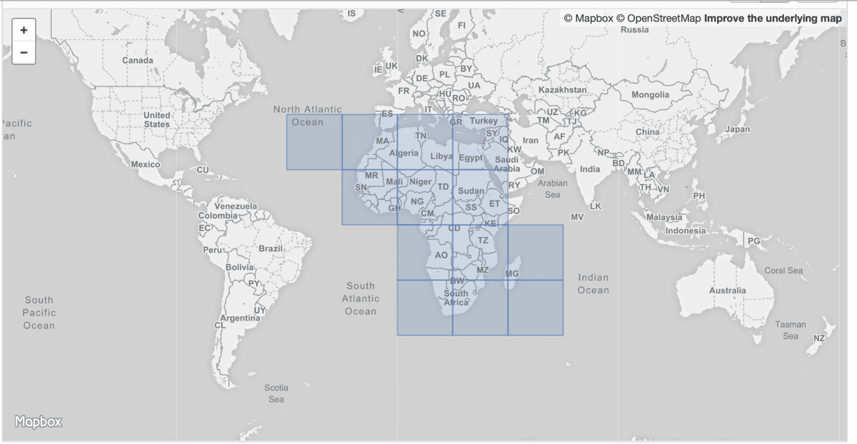 Zoom 4 Mercator tiles intersecting with the facebook population dataset.