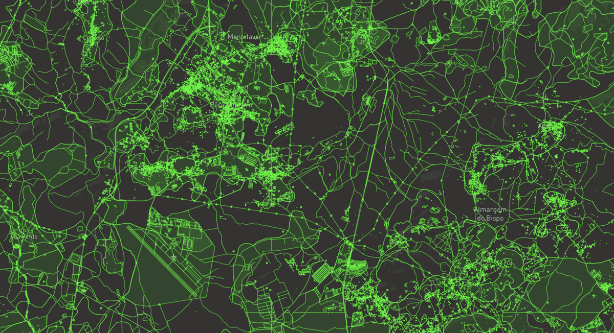 OpenStreetMap data over Portugal. Visualized with mbview and QA tiles