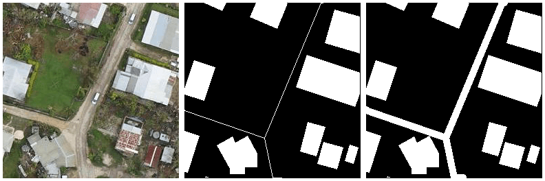 Satellite Image from Tonga via OpenAerialMap; former segmentation label; new segmentation label with road buffering.