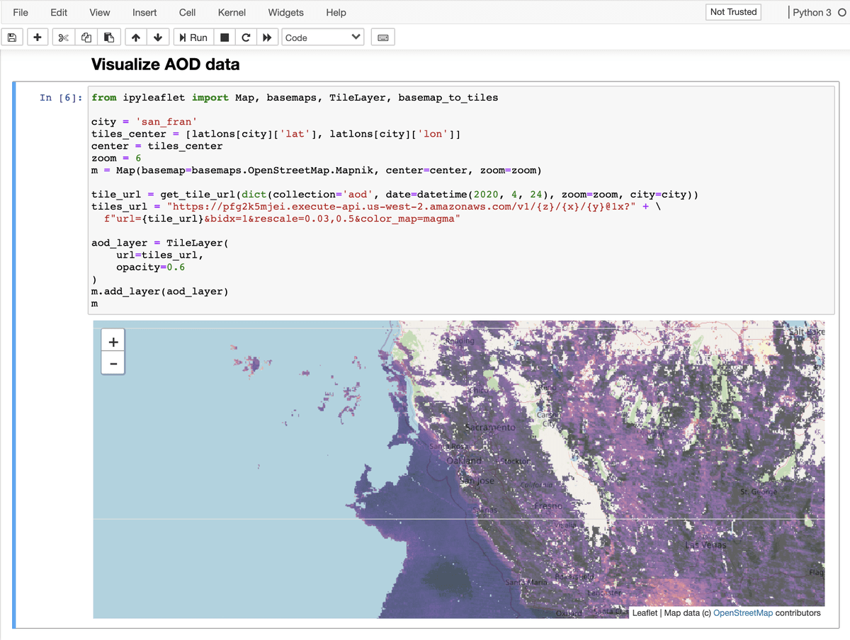 Aerosol Optical Depth (AOD) from MODIS instrument over San Francisco