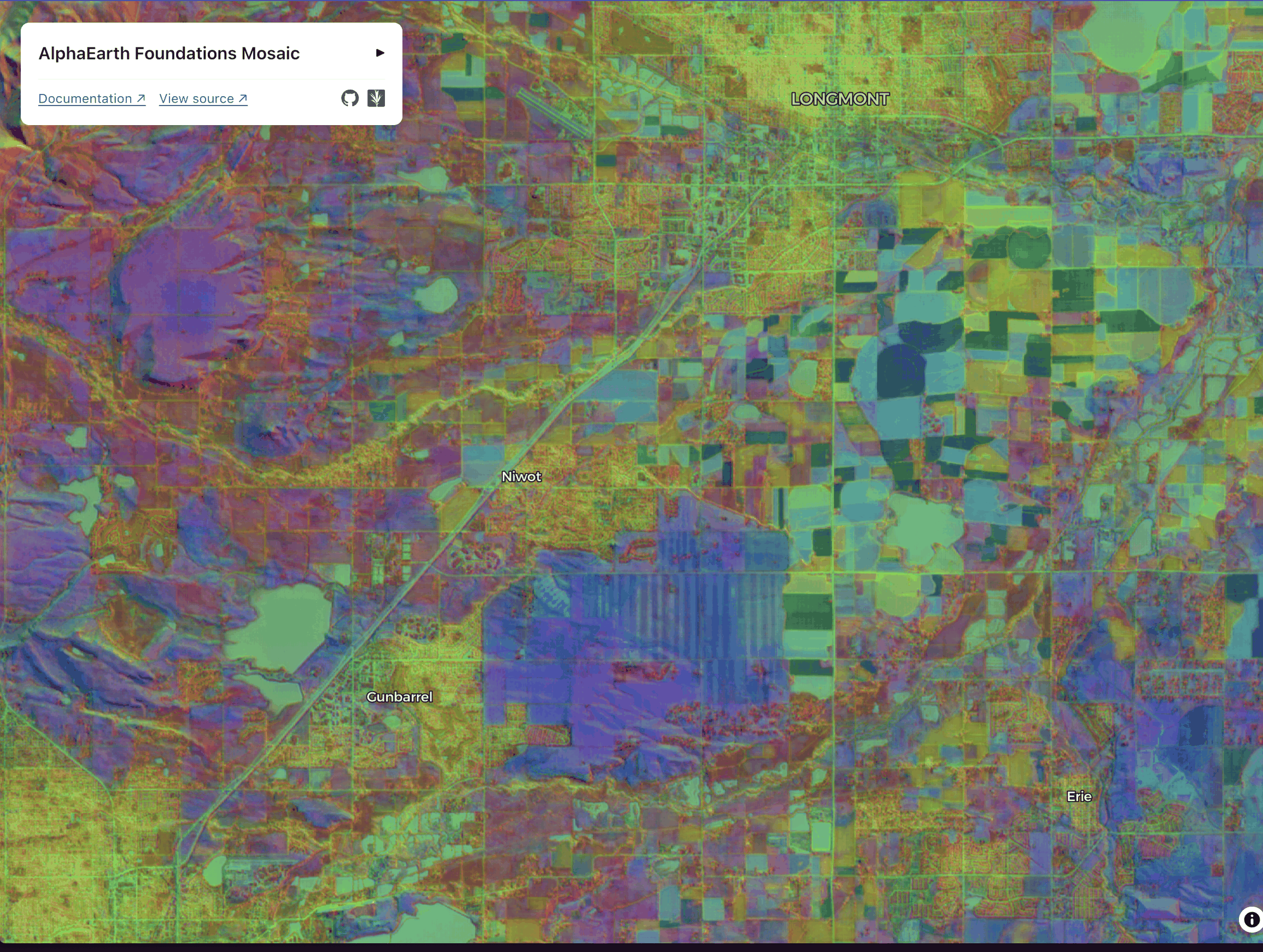 AlphaEarth Foundations embeddings near Longmont, Colorado, shown as a false-color map in which farm fields appear as blocks of distinct colors