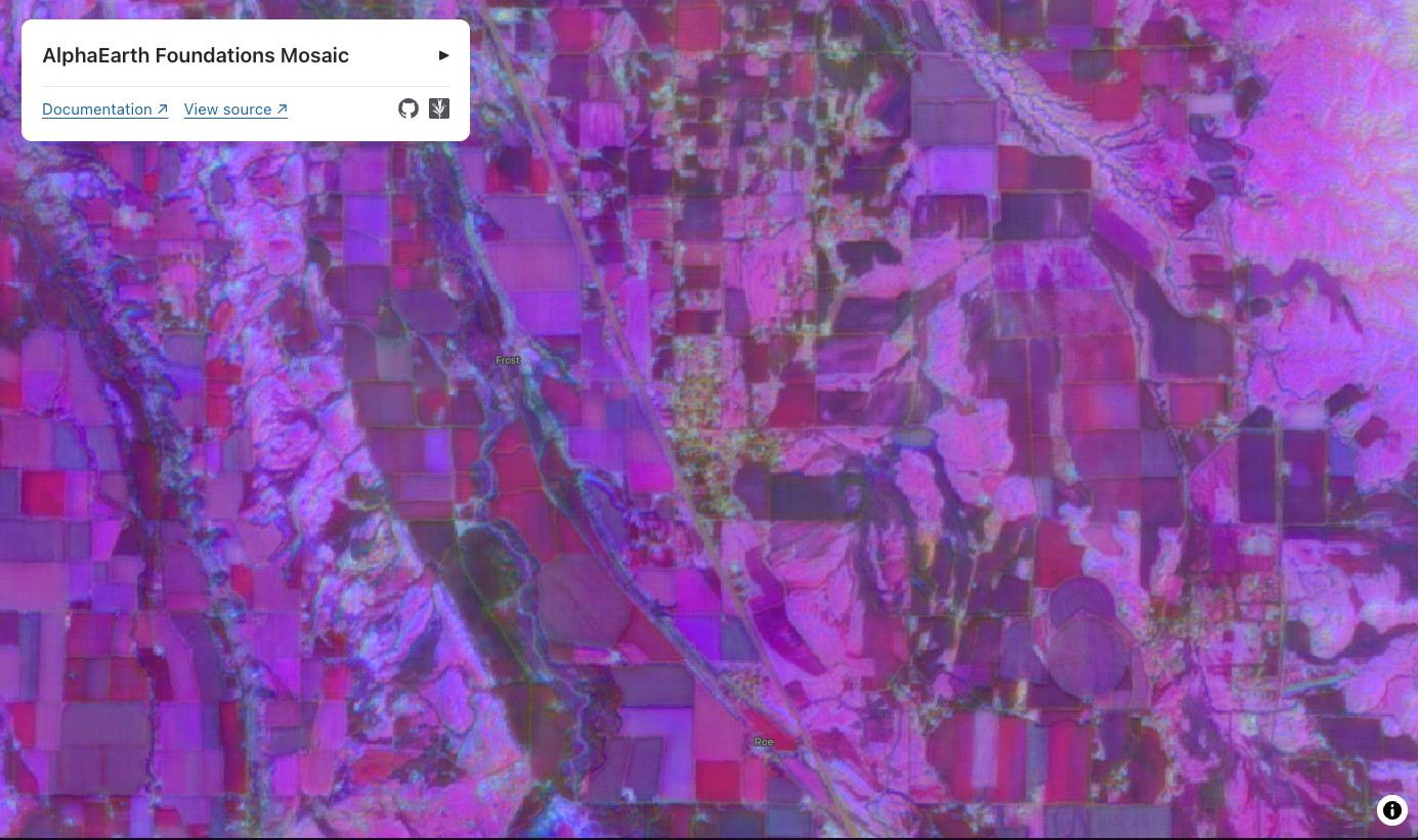 AlphaEarth Foundations embeddings of the same farmland, shown as a false-color map