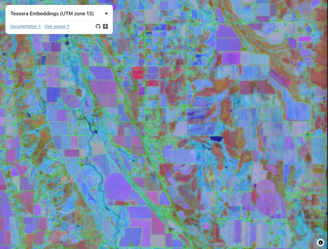 Tessera embeddings of farmland on Colorado’s Western Slope, shown as a false-color map