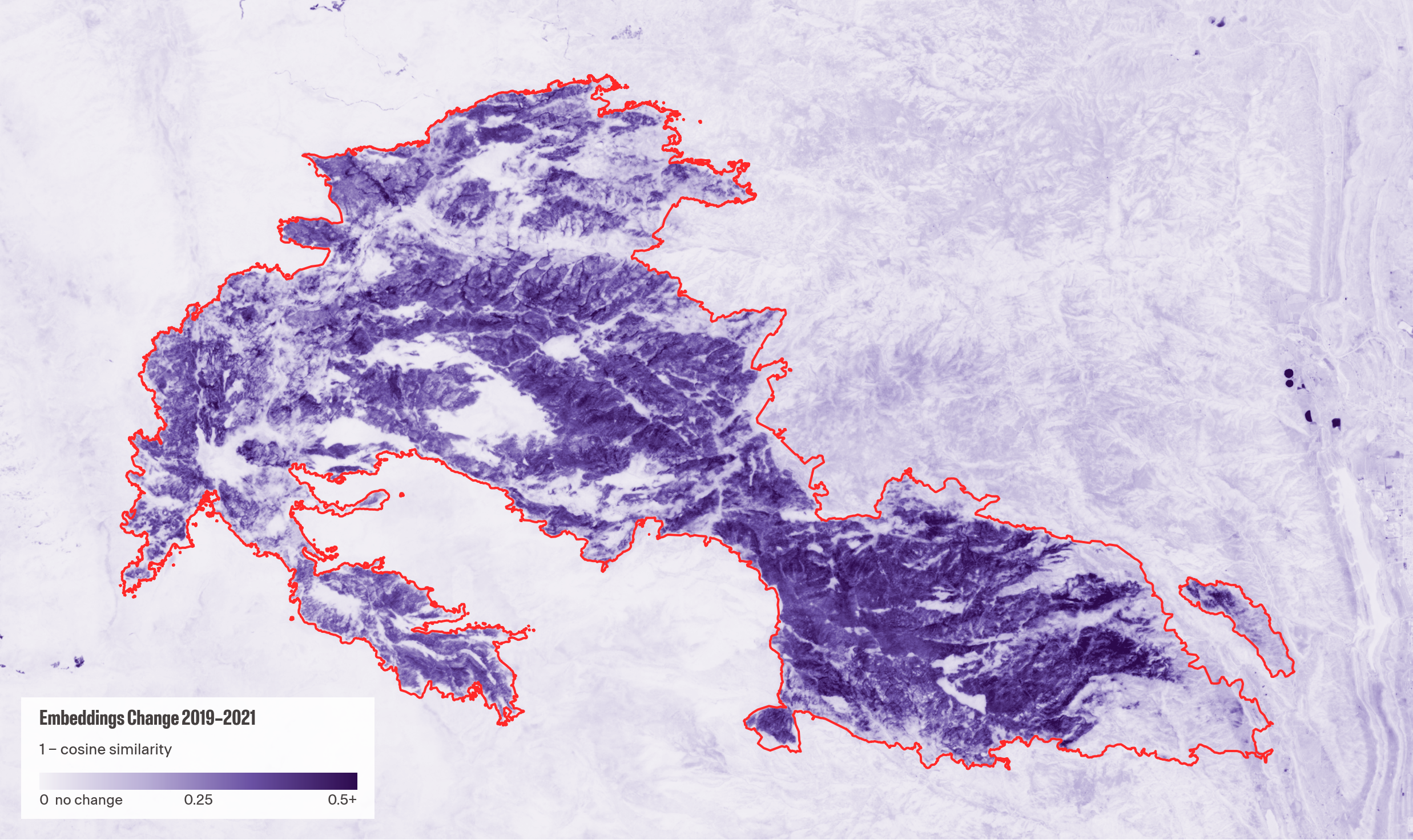AlphaEarth Foundations embeddings of the same area as a cosine similarity based change detection map, darker purple represents more change that the embeddings have captured.