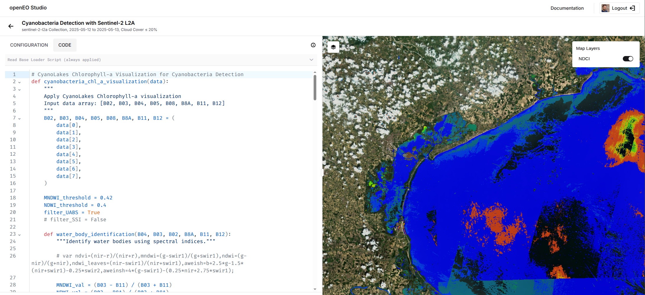 Screenshot from openEO Studio showing a workflow that computes the Normalised Difference Chlorophyll Index (NDCI) from Sentinel-2 data and renders it as a map.