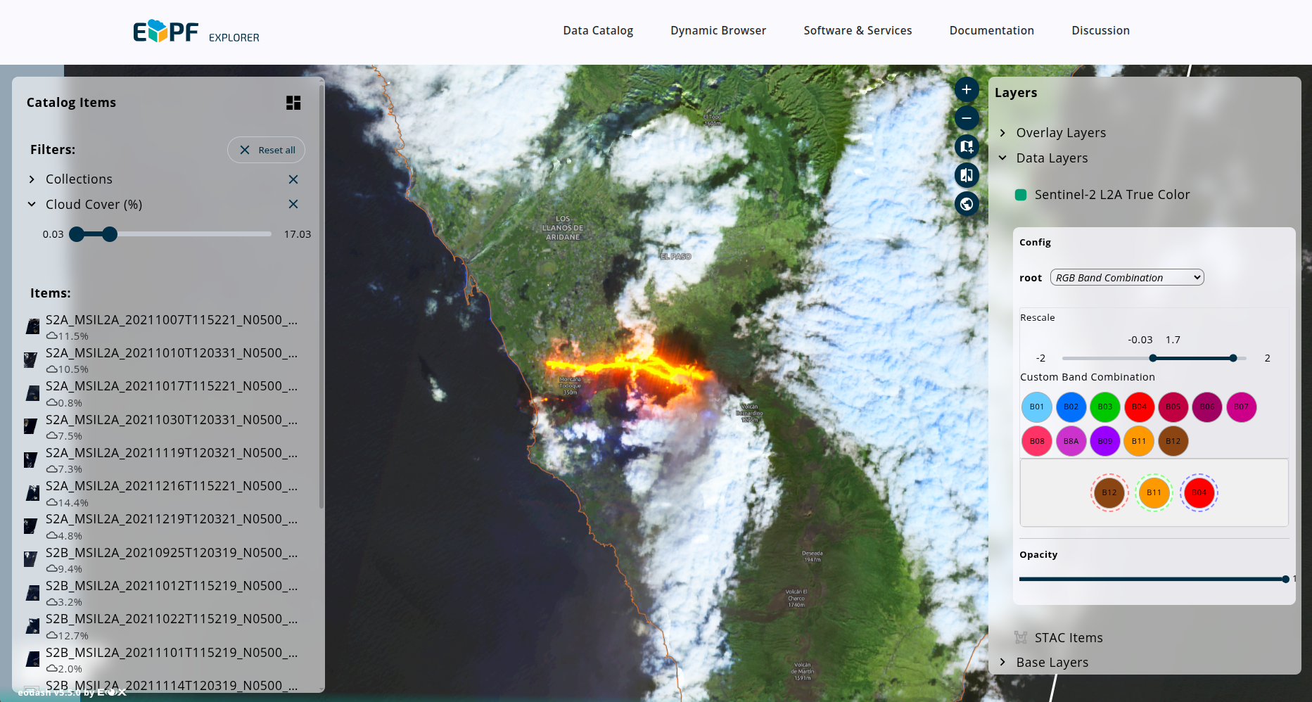 Screenshot of the Sentinels Browser showing a Sentinel-2 scene over Cumbre Vieja, La Palma, Spain, on Oct 10th 2021 with a custom band combination to highlight lava flows. Capture from https://explorer.eopf.copernicus.eu/sentinelexplorer/