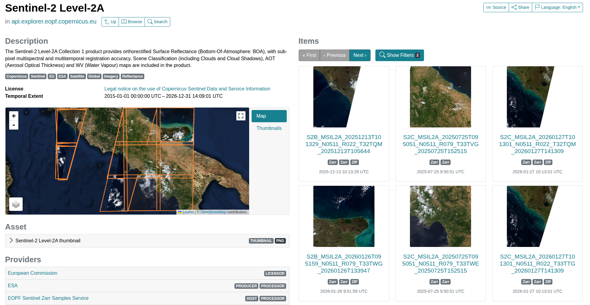 Screenshot of the STAC Browser showing Sentinel scene thumbnails and metadata. Capture from https://api.explorer.eopf.copernicus.eu/browser/