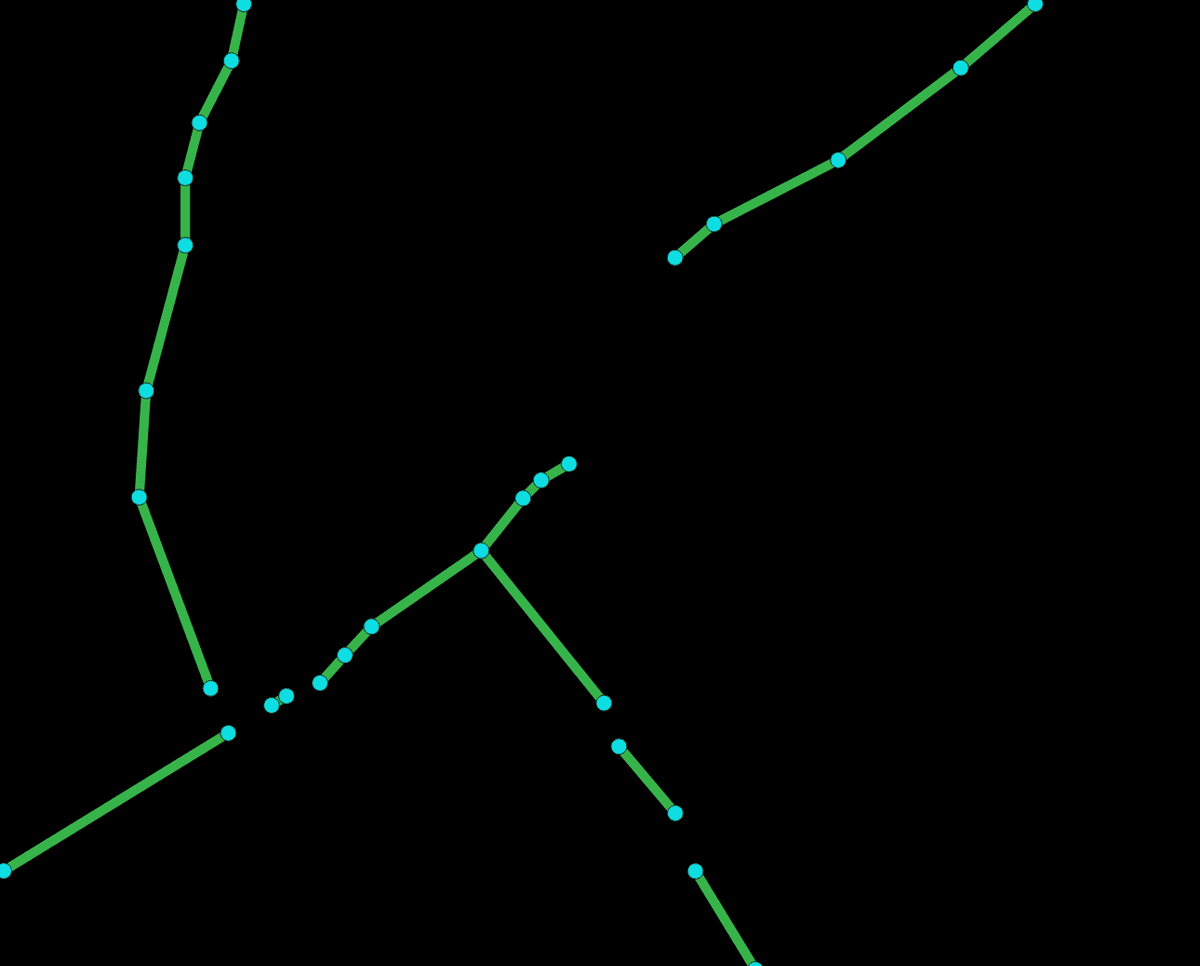 Figure 1. Road segmentation and vectorization. The most common strategy for generating road maps is to segment the overhead image and then extract vectors from this segmentation mask. Left: RGB satellite image. Middle: semantic segmentation map where each pixel’s probability of belonging to a road is predicted by an ML model. Right: illustration of a vectorized roadmap might be obtained by extracting a road network of nodes and edges from the segmentation map. Quality of the final roadmap can vary, so manual validation and cleanup is often required.