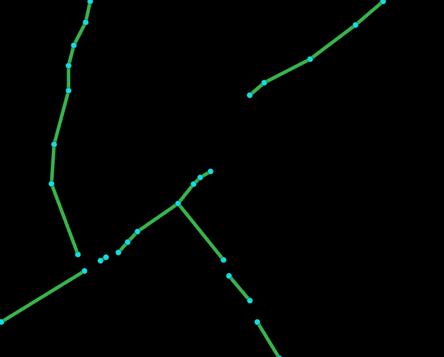 **Figure 1. Road segmentation and vectorization.** The most common strategy for generating road maps is to segment the overhead image and then extract vectors from this segmentation mask. *Left:* RGB satellite image. *Middle*: semantic segmentation map where each pixel’s probability of belonging to a road is predicted by an ML model. *Right:* illustration of a vectorized roadmap might be obtained by extracting a road network of nodes and edges from the segmentation map. Quality of the final roadmap can vary, so manual validation and cleanup is often required.