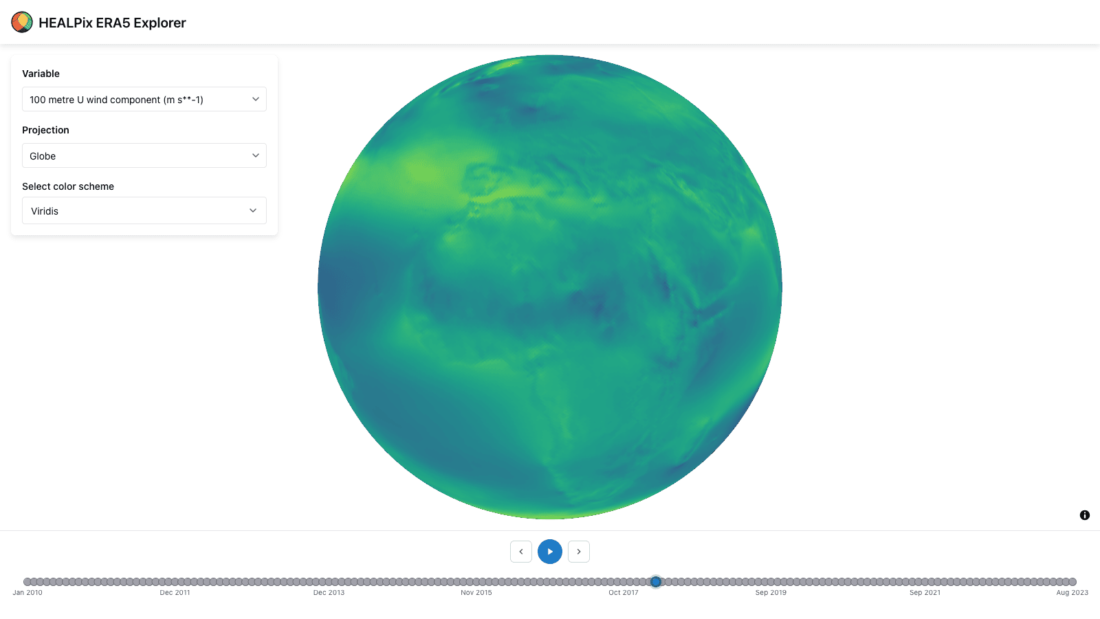 HEALPix data explorer showing the Earth with ERA5 data rendered as HEALPix cells