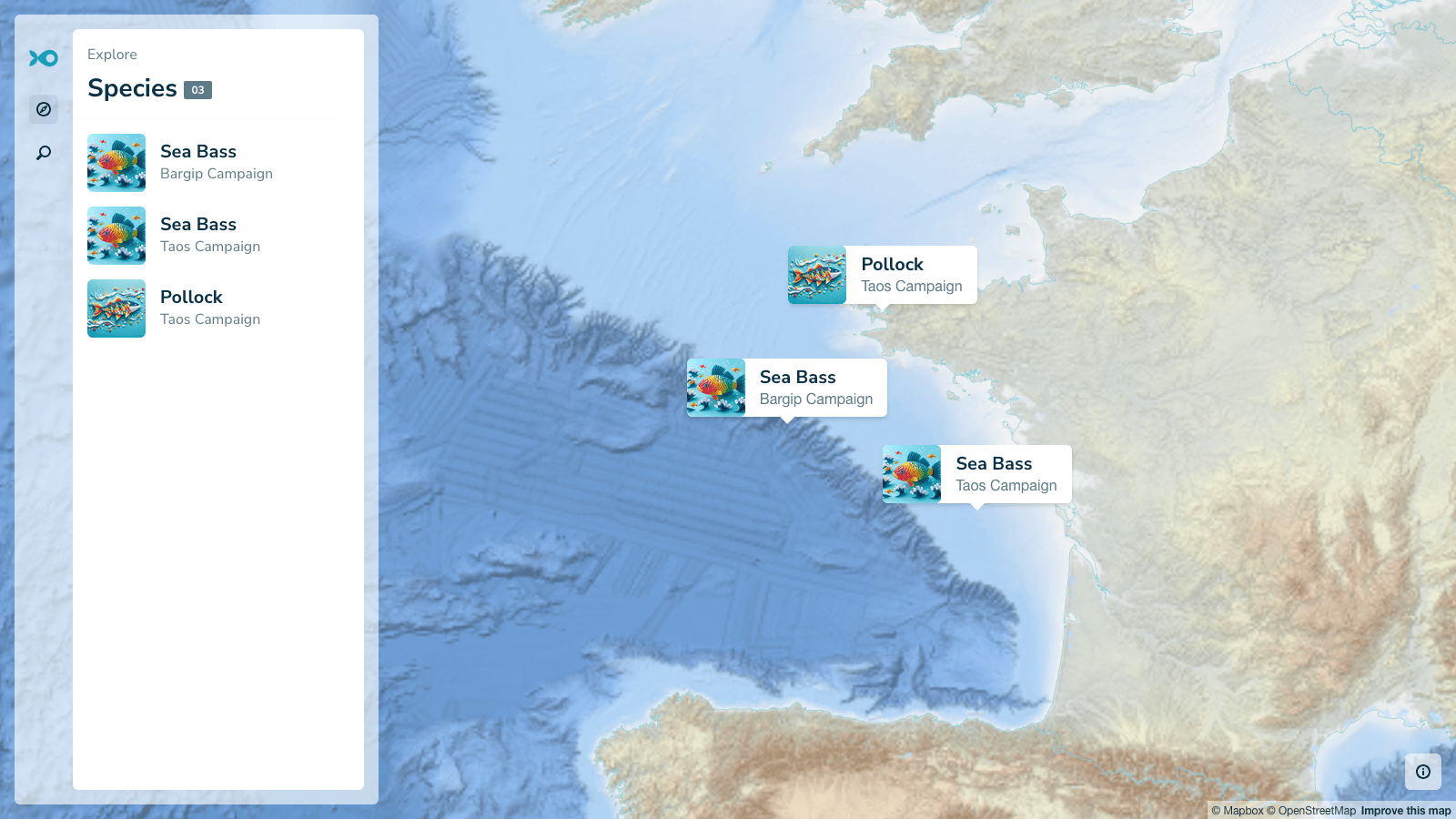 Species selection view showing sea bass and pollock options in the GFTS web application