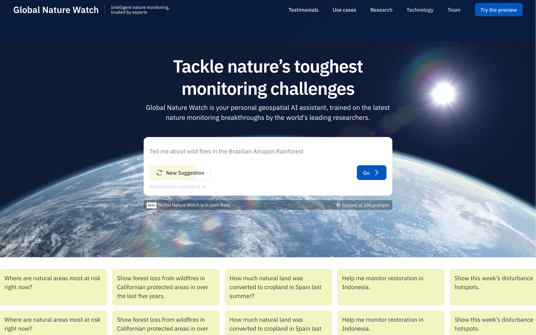 Screenshot of the Global Nature Watch homepage showing a search bar over an image of Earth with example prompts such as Tell Me About Wildfires in the Brazilian Amazon Rainforest.