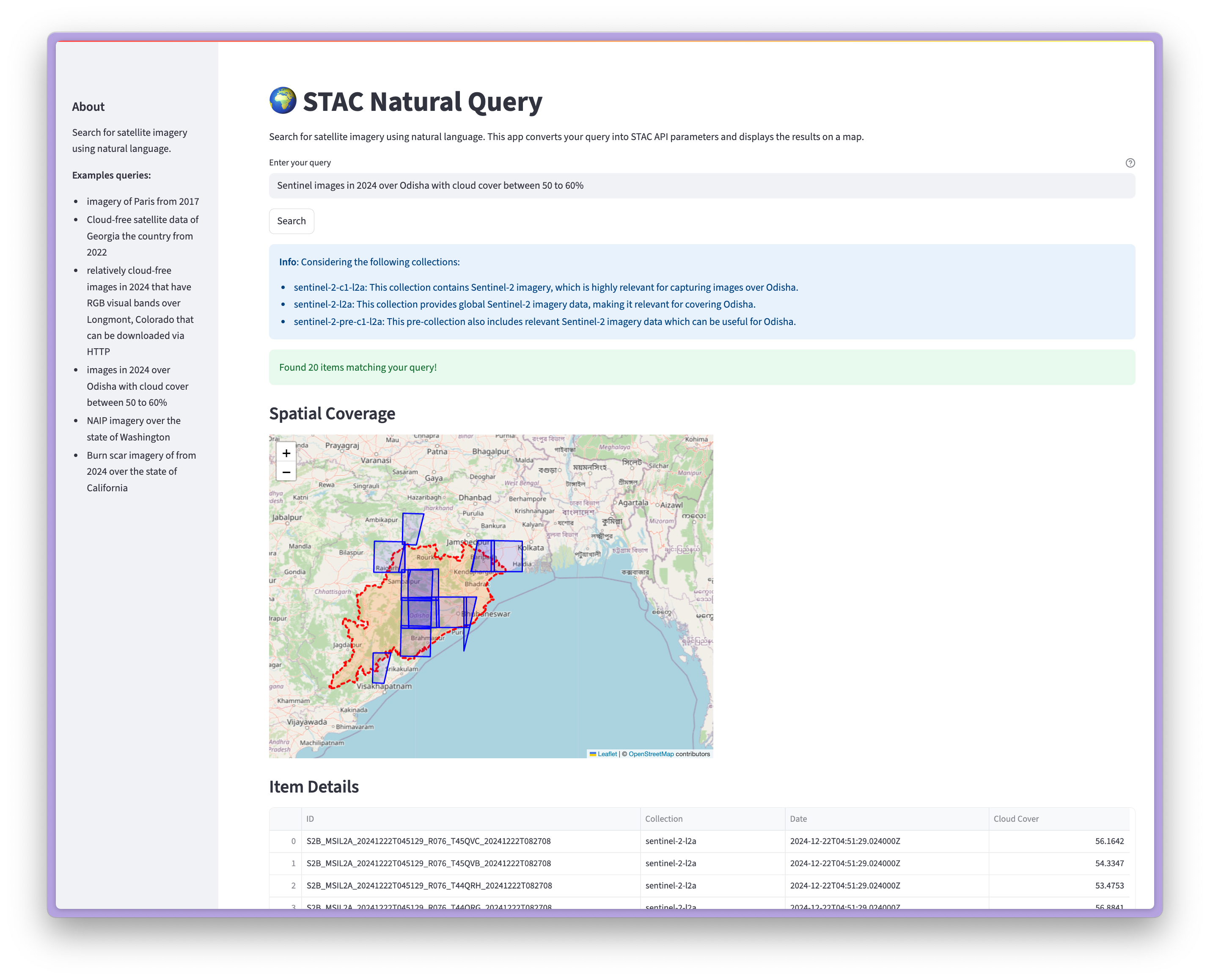 screenshot STAC natural language search demo app