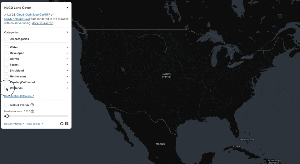 Animated map of the contiguous United States demonstrating browser-based visualization of a Cloud-Optimized GeoTIFF using deck.gl-raster. A control panel lets users toggle National Land Cover Database categories such as water, forest, wetlands, and developed land, showing how large raster datasets can be interactively explored without a server.