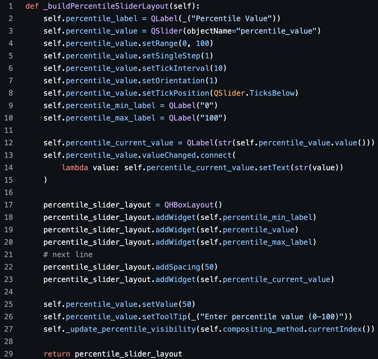 Compositing method selection with dynamic percentile slider