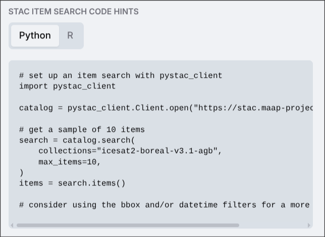 Code hint example showing how to start an item search